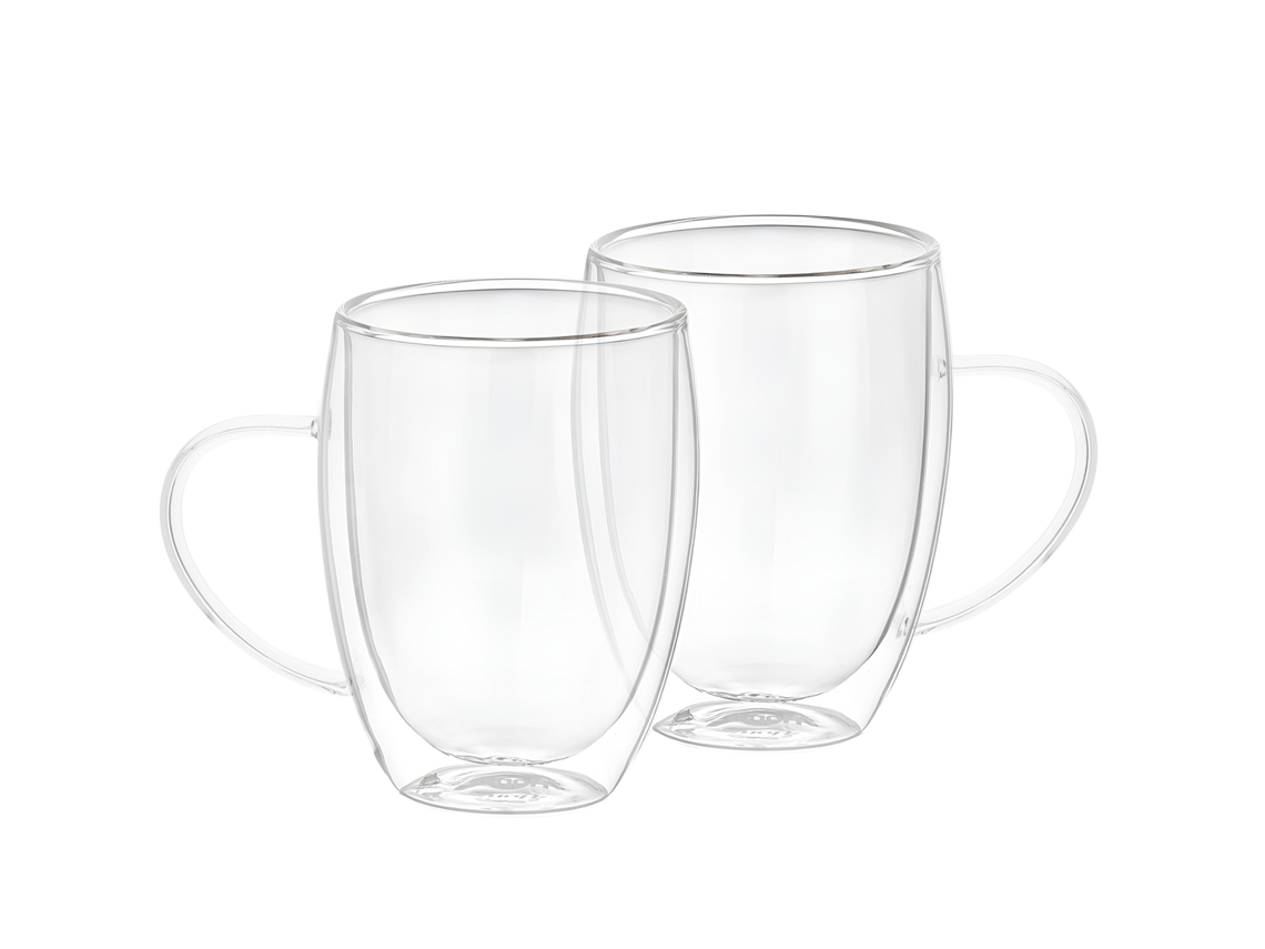 Juego de 2 vasos CHEFFINGER con asa de doble pared, 350 ml, en vidrio de borosilicato transparente sólido