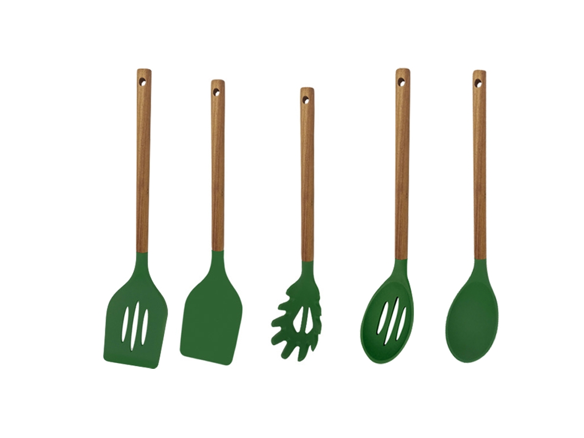Utensilios De Cocina De Silicona Con Mango De Madera - Juego De 5 Piezas JEIIBRZUI