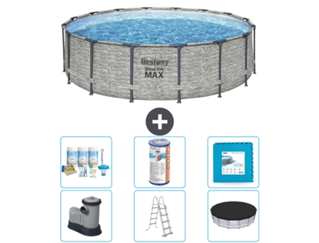 Piscina BESTWAY Round Steel Pro MAX - Estampado Piedra - 488 x 122 cm - Incluida Bomba - Escalera - Cobertor Accesorios CB30