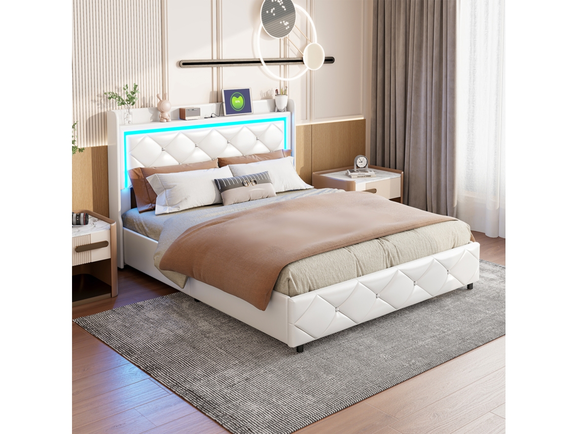Cama Tapizada Doble 140 X 200 Cm, Cama Con Espacio De Almacenamiento Hidráulico Con Iluminación Led Y Función De Carga Usb.