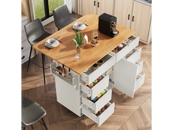 Isla de cocina blanca extensible con 8 cajones.