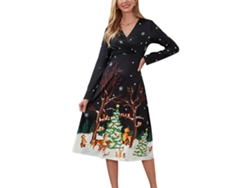 Vestido longo de Natal feminino Rebe com estampa, decote em V, mangas compridas, cintura ajustada, estilo casual, preto, tamanho XL