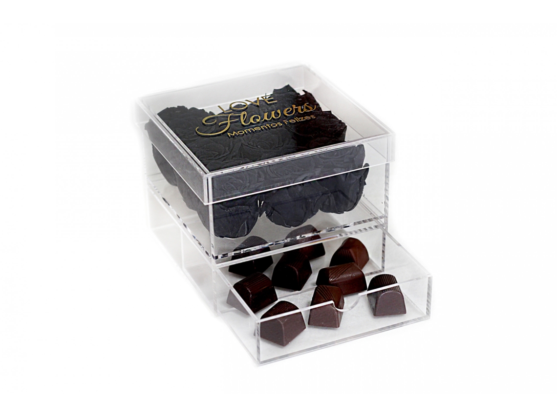 9 Rosas Naturales Preservadas Negras Flores LOVE con 9 Chocolates - Colección Glassy Rose con Chocolates