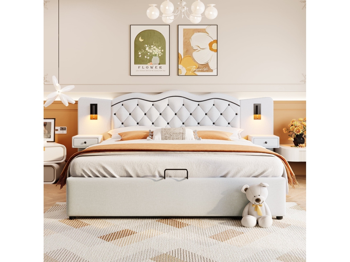 Sofá Cama 180x200cm, Hidráulico, Almacenamiento, 2 Lámparas De Noche, Usb, Cómodo, Robusto 220kg, Sin Colchón, Beige