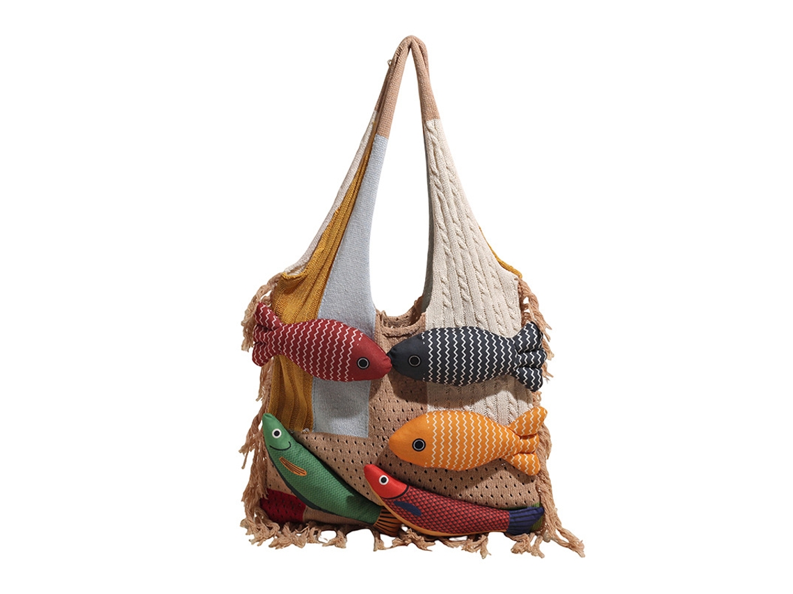 Bolso De Hombro Tote Bag Mujer En Punto Con Peces Y Flecos - Gran Capacidad - Estilo Lindo - Caqui