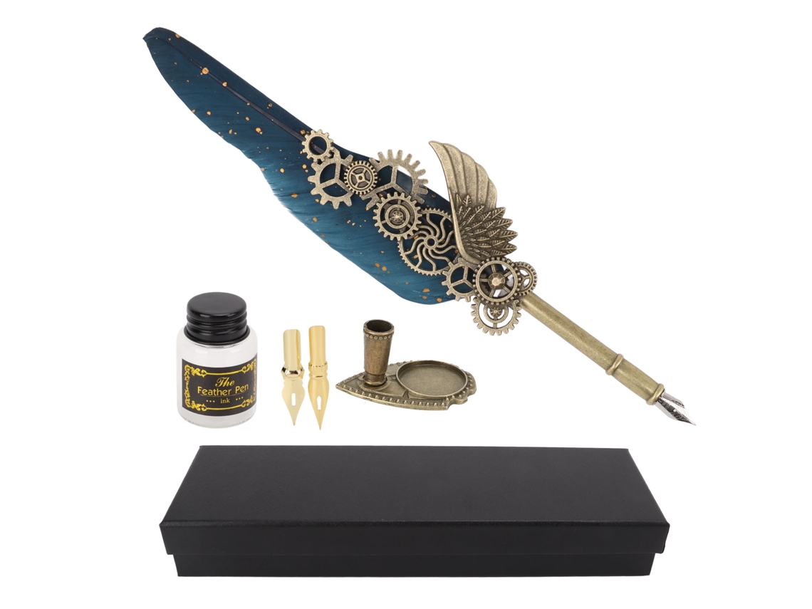Juego De Pluma Y Tinta De Estilo Vintage Con Plumín De Acero Inoxidable Azul Oscuro.