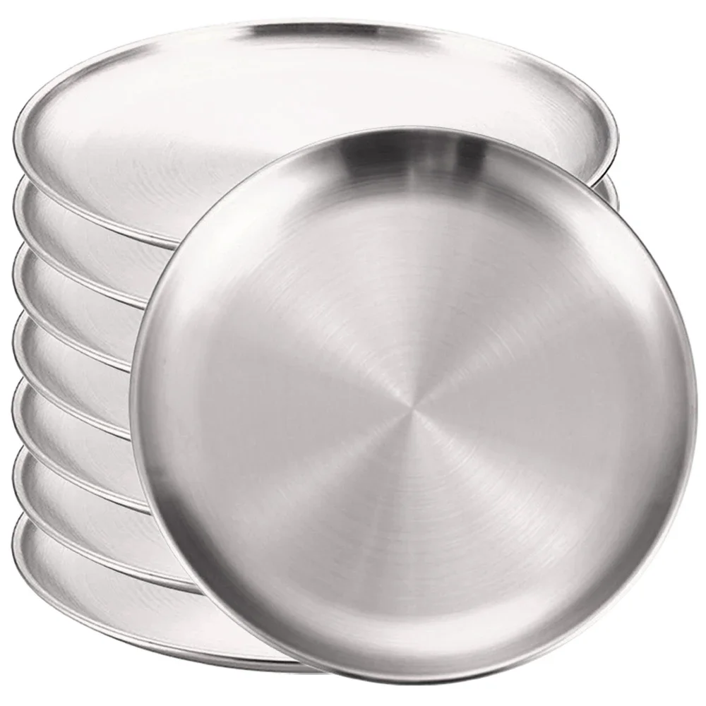 (8pcs, Plata, 26cm) Bandeja Redonda De Acero Inoxidable, Resistente A La Oxidación, Ideal Para Acampar, Barbacoa, Etc.