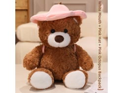 Urso de Pelúcia Amigo Viajante com Chapéu Disponível em Boca Branca e Boca Marrom com Chapéu Amarelo e Mochila Amarela CHABERLU