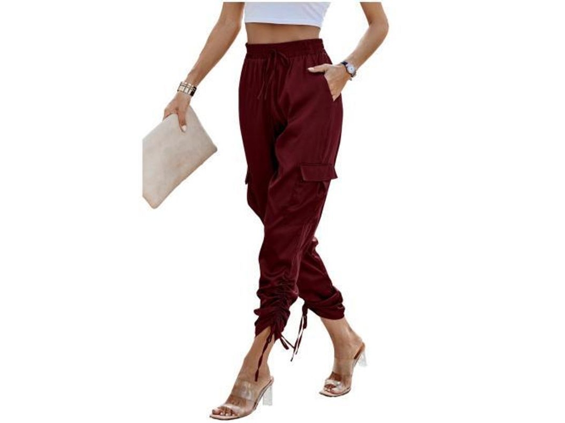 2026-pantalones De Cetim Para Mulheres De Esporte De Cintura Alta Com Bolsos Casuais Longos