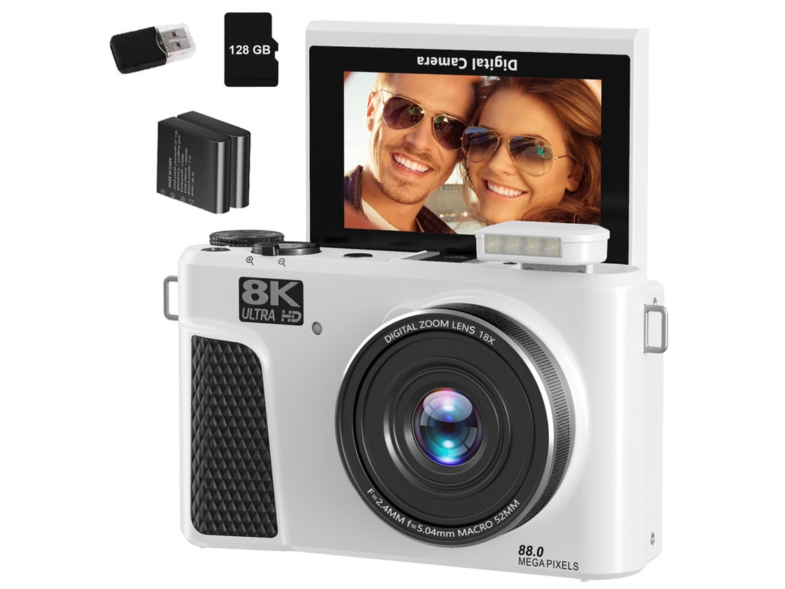 Cámara Digital Wd3 Szsmart 8k 88mp Autofocus Vlogging Con Wifi, Pantalla Flip 180° 3" Y Zoom 18x Para Youtube – 128gb + 2 Baterías - Blanco