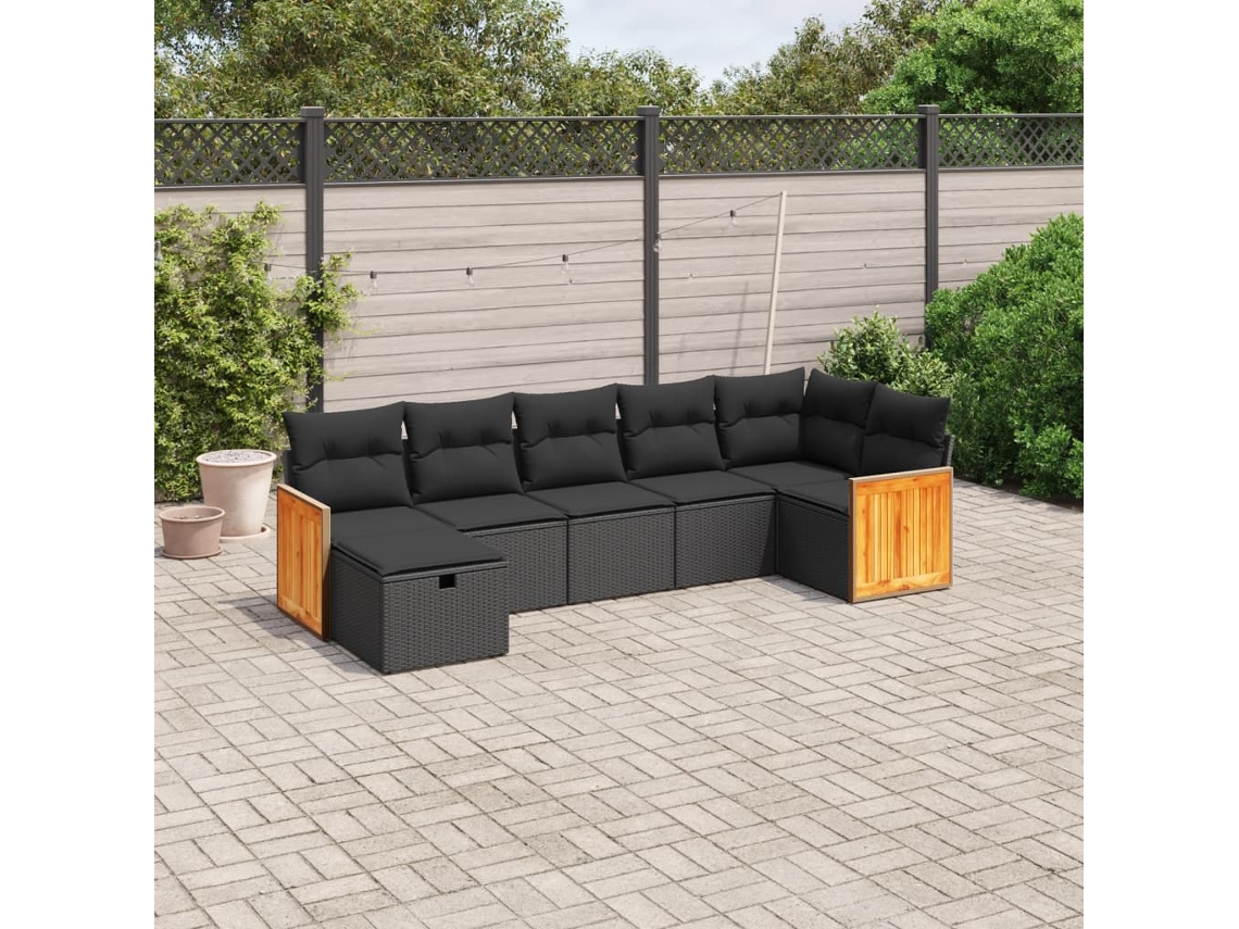 Conjunto de sofá de jardín de 7 piezas con cojines, ratán negro, Dkd Home Decor
