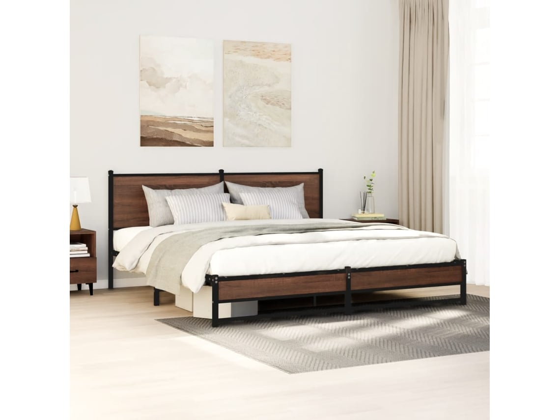 Estructura De Cama Sin Colchón Metal Roble Marrón 180x200 Cm