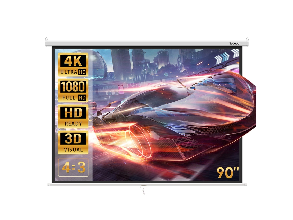 Pantalla de proyección Todeco de 90 pulgadas, pantalla de proyección plegable manual, enrollable, montaje en techo y pared, 137 x 183 cm, 43 formatos, HD 4K 3D