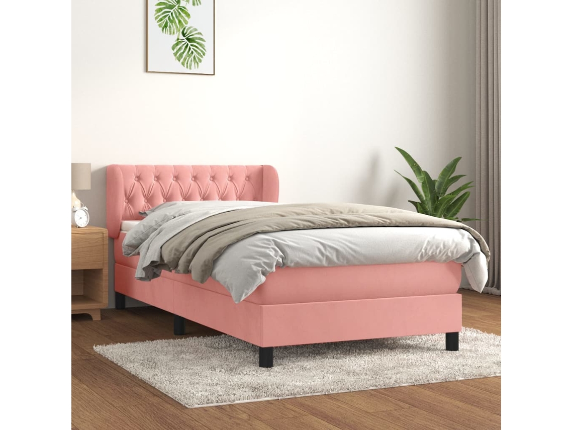 Cama Box Spring Con Colchón Terciopelo Rosa 100x200 Cm