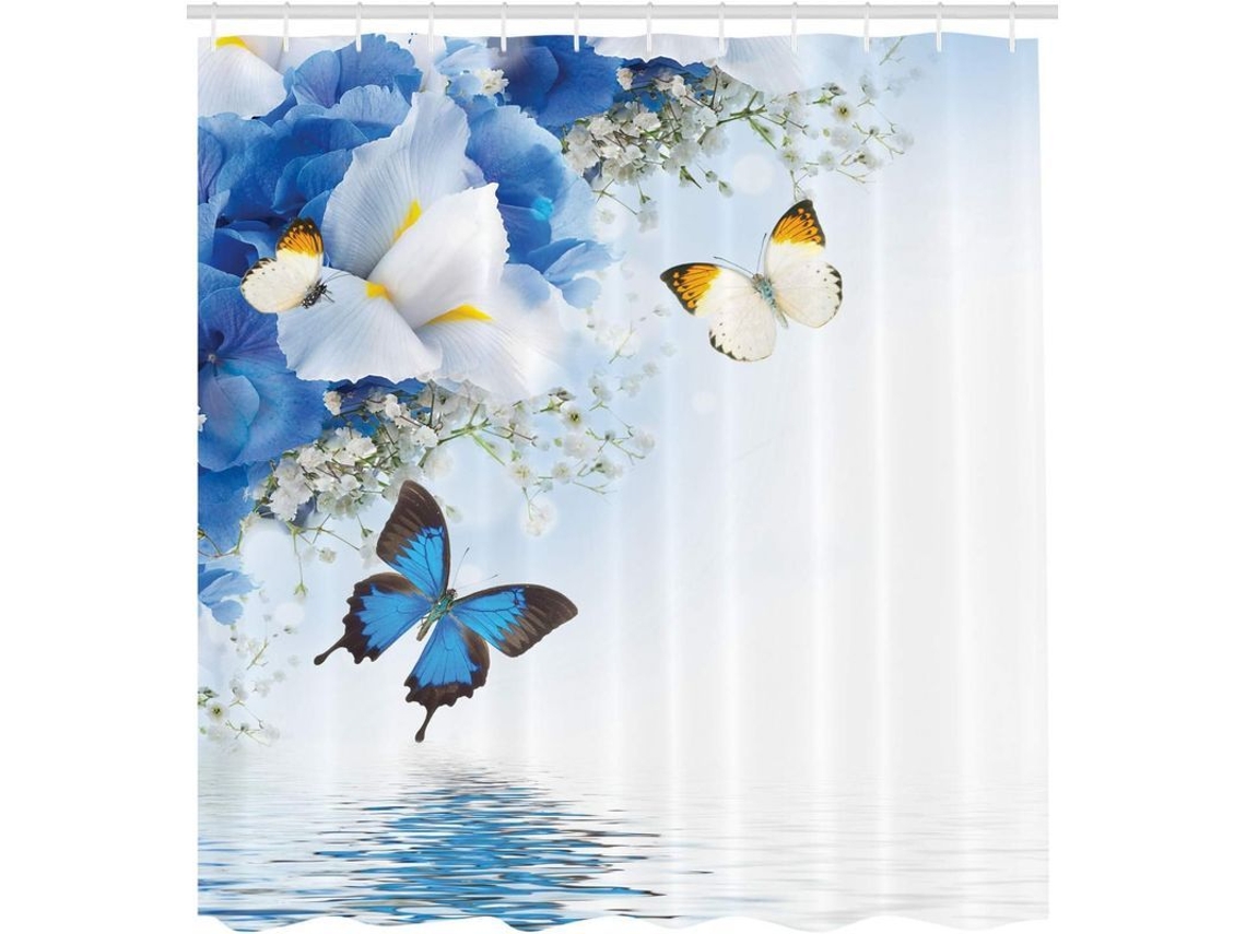 2026-cortina De Ducha Floral Linjou, Flores Exóticas, 180x200cm, Azul Blanco, Antideslizante Y Lavable