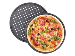 Juego de 2 bandejas redondas perforadas para pizza Rebe, fabricadas en acero al carbono, color gris, Ø 32 cm.