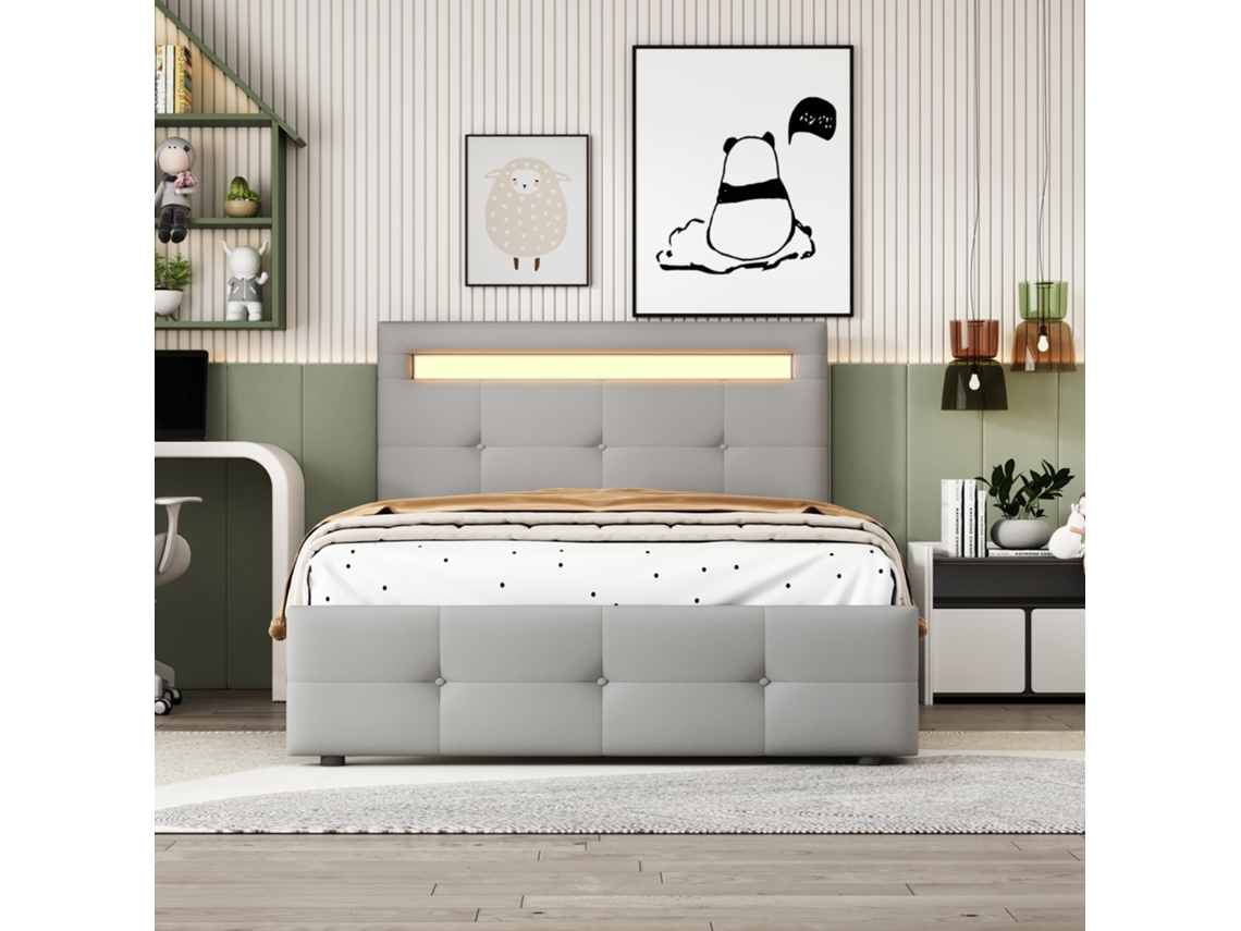 Cama individual de 90 x 200 cm en tejido de lino con LED y 2 cajones, estilo gris