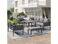 Conjunto de jardín con sofá esquinero, mesa de cristal, patas ajustables y cojines.