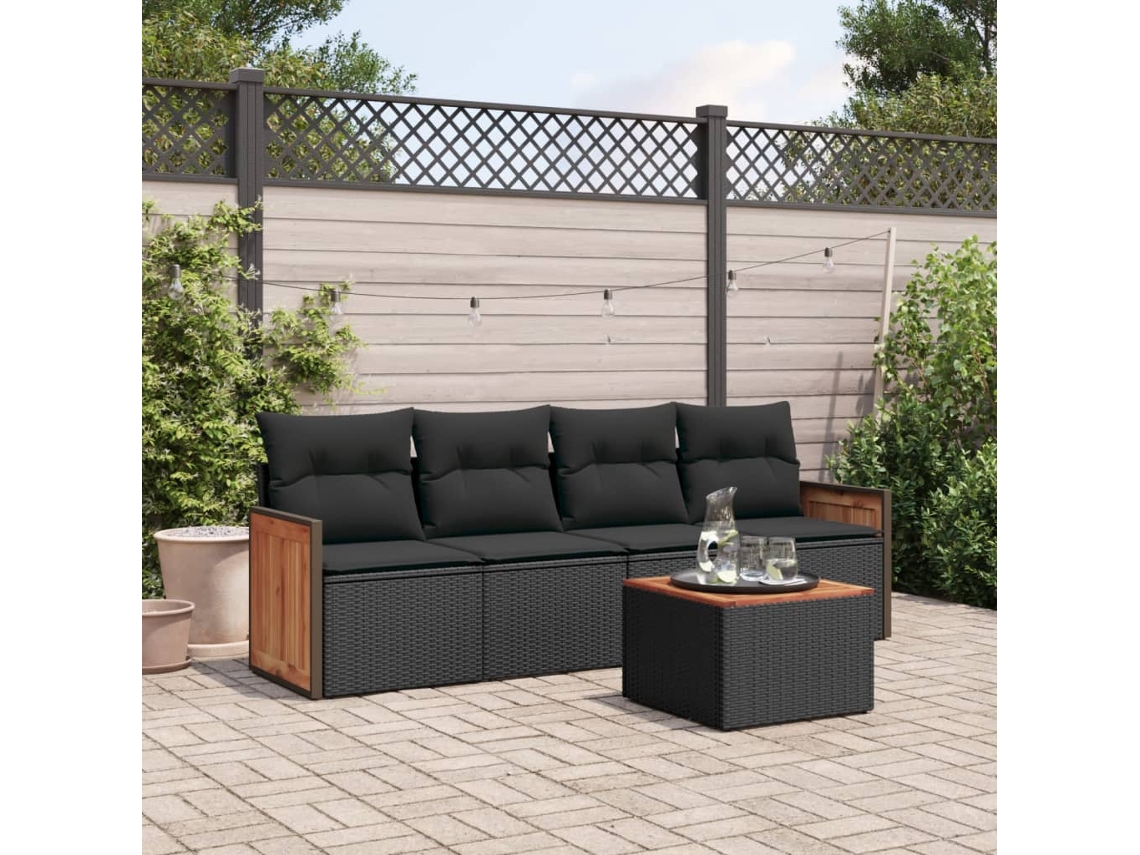 Conjunto de sofá de jardín de 5 piezas con cojines de mimbre sintético negro, Dkd Home Decor