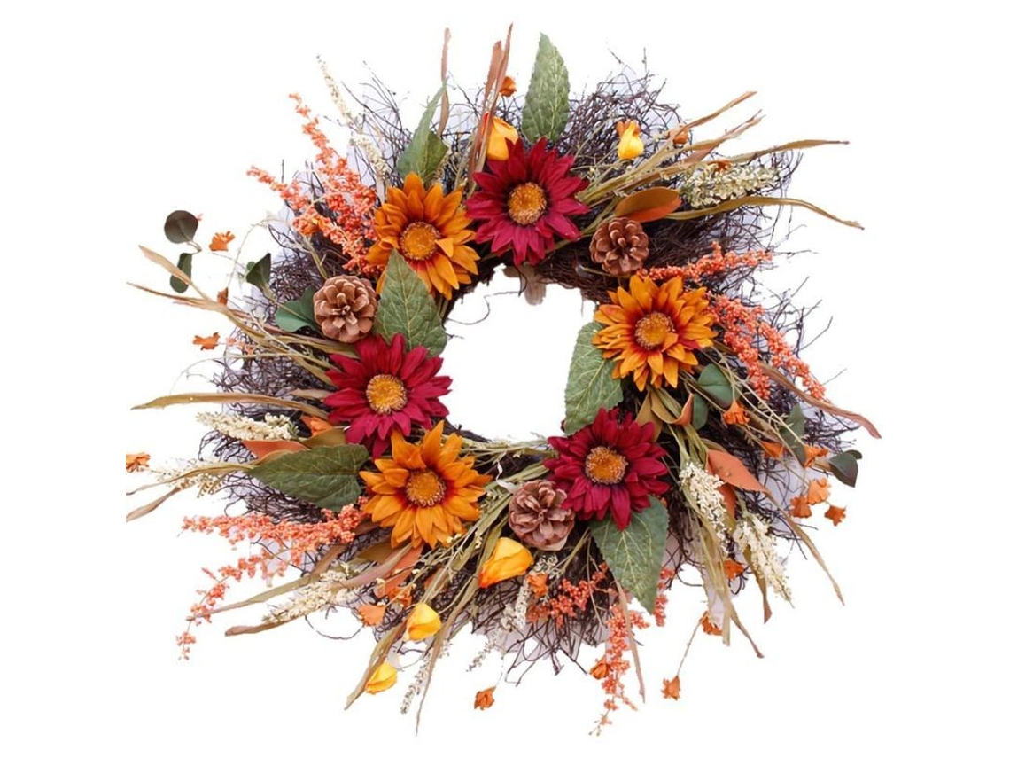 Guirnalda Otoñal Para La Puerta Con Trigo Y Bayas Naranjas Para Halloween Y La Cosecha.