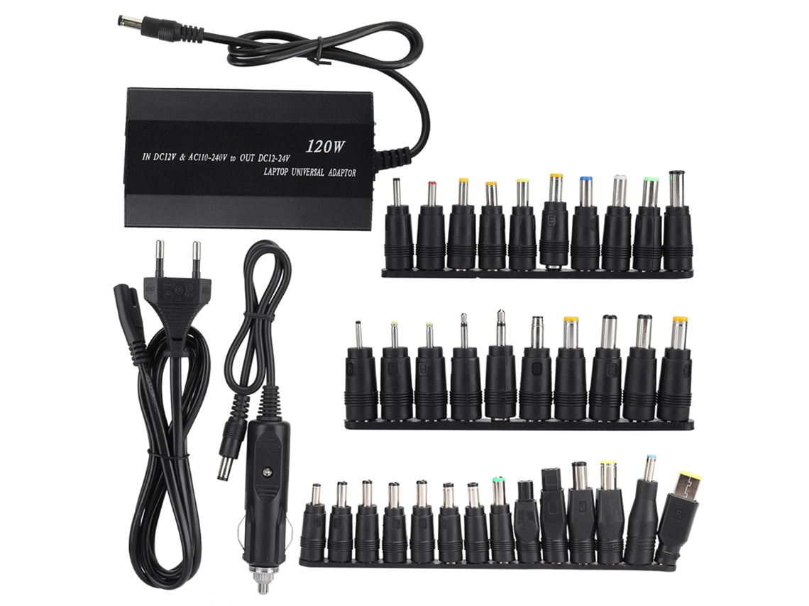 Adaptador de corriente universal Aetheria para portátil de 90 W con 34 conectores CC para el hogar y el coche.