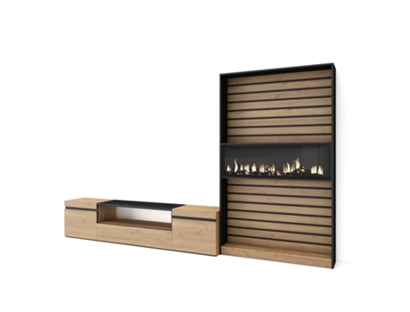 Muebles de Salón para TV SKRAUT HOME Para TV hasta 80", Chimenea eléctrica, Roble y Negro (310x186x35 cm)
