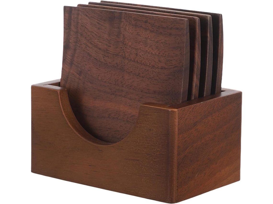 Juego De 4 Posavasos Cuadrados De Madera De Nogal, Resistentes Al Calor, Con Caja De Almacenamiento.
