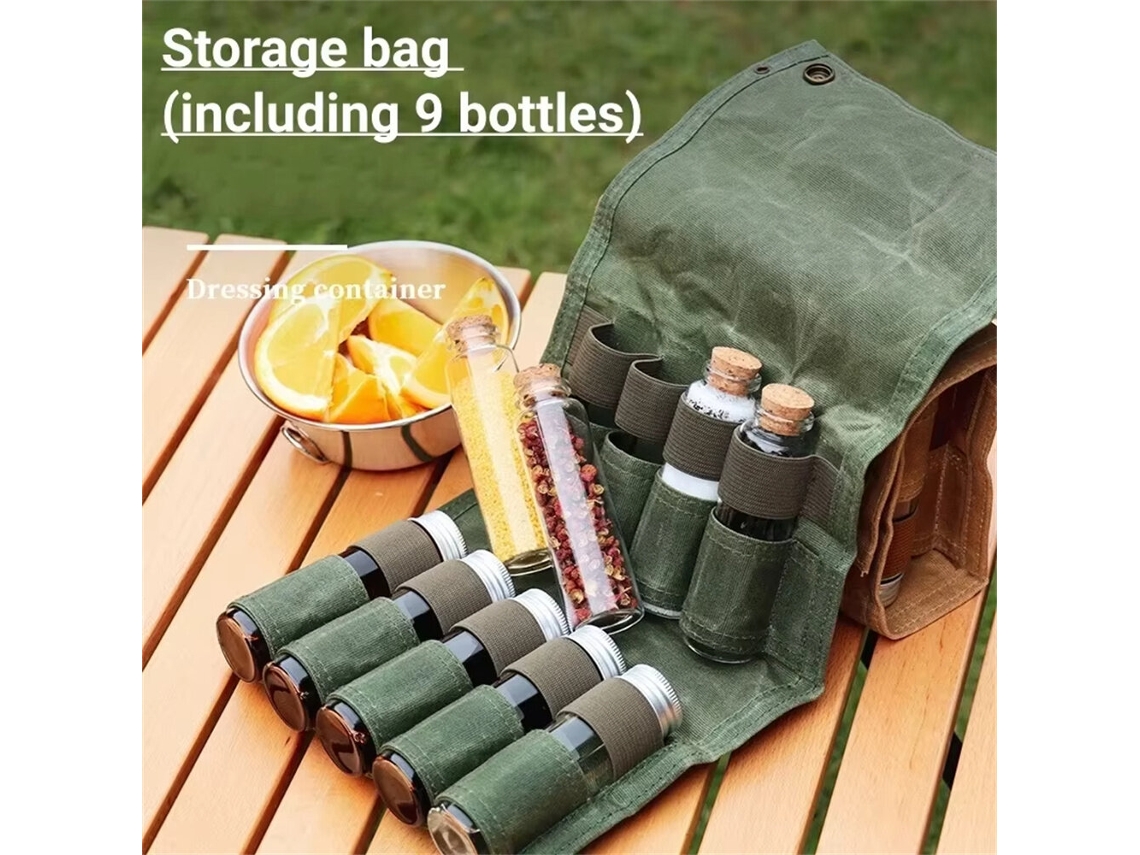 Khakiipree Bolsa Almacenamiento Especias Camping 9 Botellas Vidrio Lona Condimentos Barbacoa