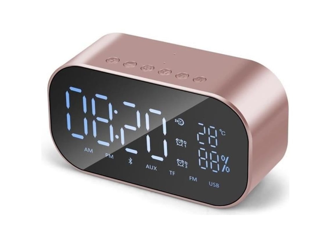 Alarma Altavoz Bluetooth Led Radio Fm Aux Ranura Tf Reproductor Música Exterior Portátil Inalámbrico Superficie Espejo Rosa