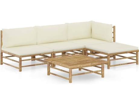 Conjunto 5 de muebles de jardín VIDAXL bambú y cojines blanco crema