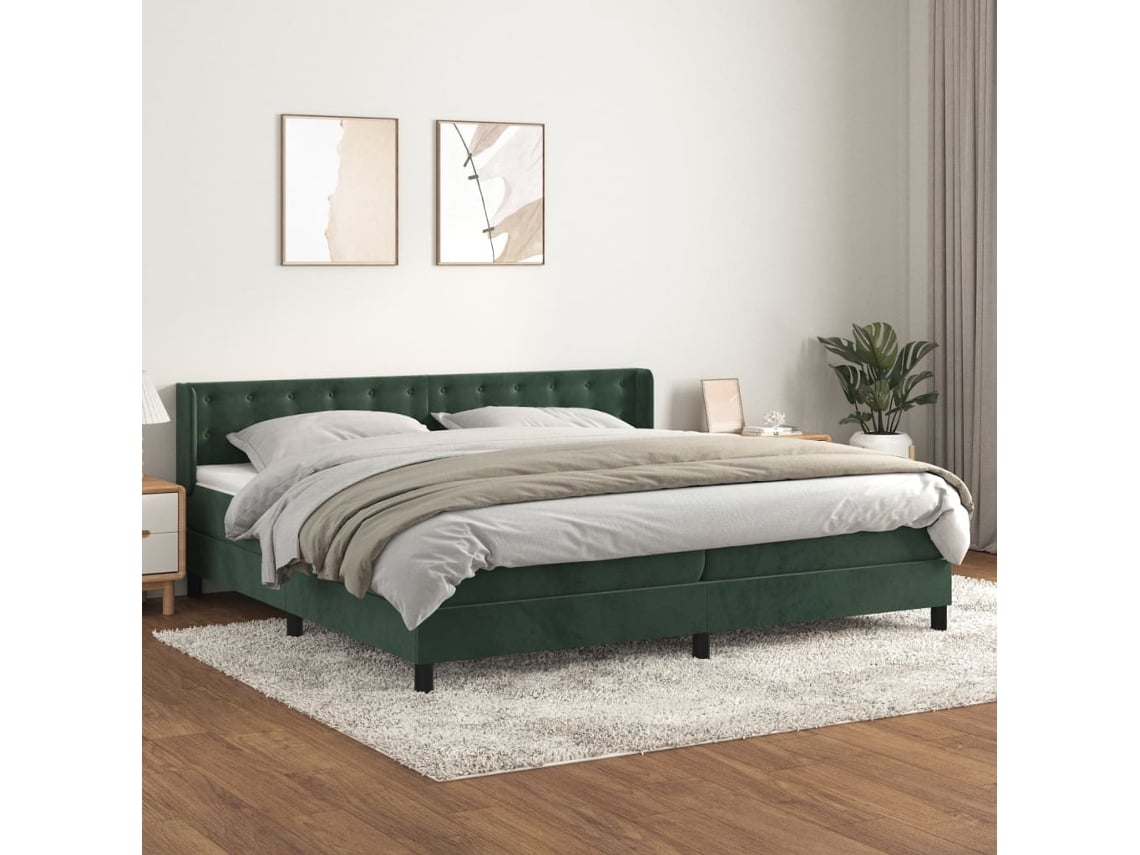 Cama Box Spring Con Colchón Terciopelo Verde Oscuro 200x200 Cm