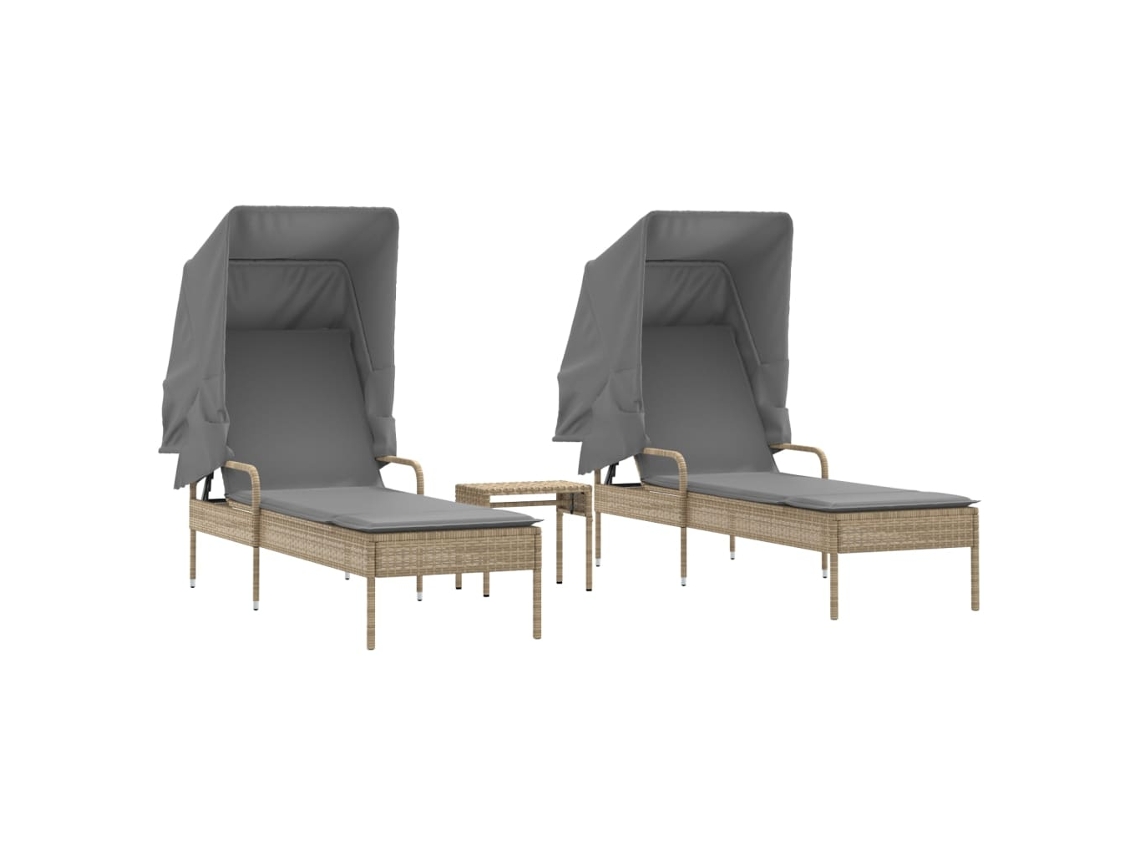 Tumbonas con toldo y mesa de 2 piezas, mimbre, beige, MAISON EXCLUSIVE