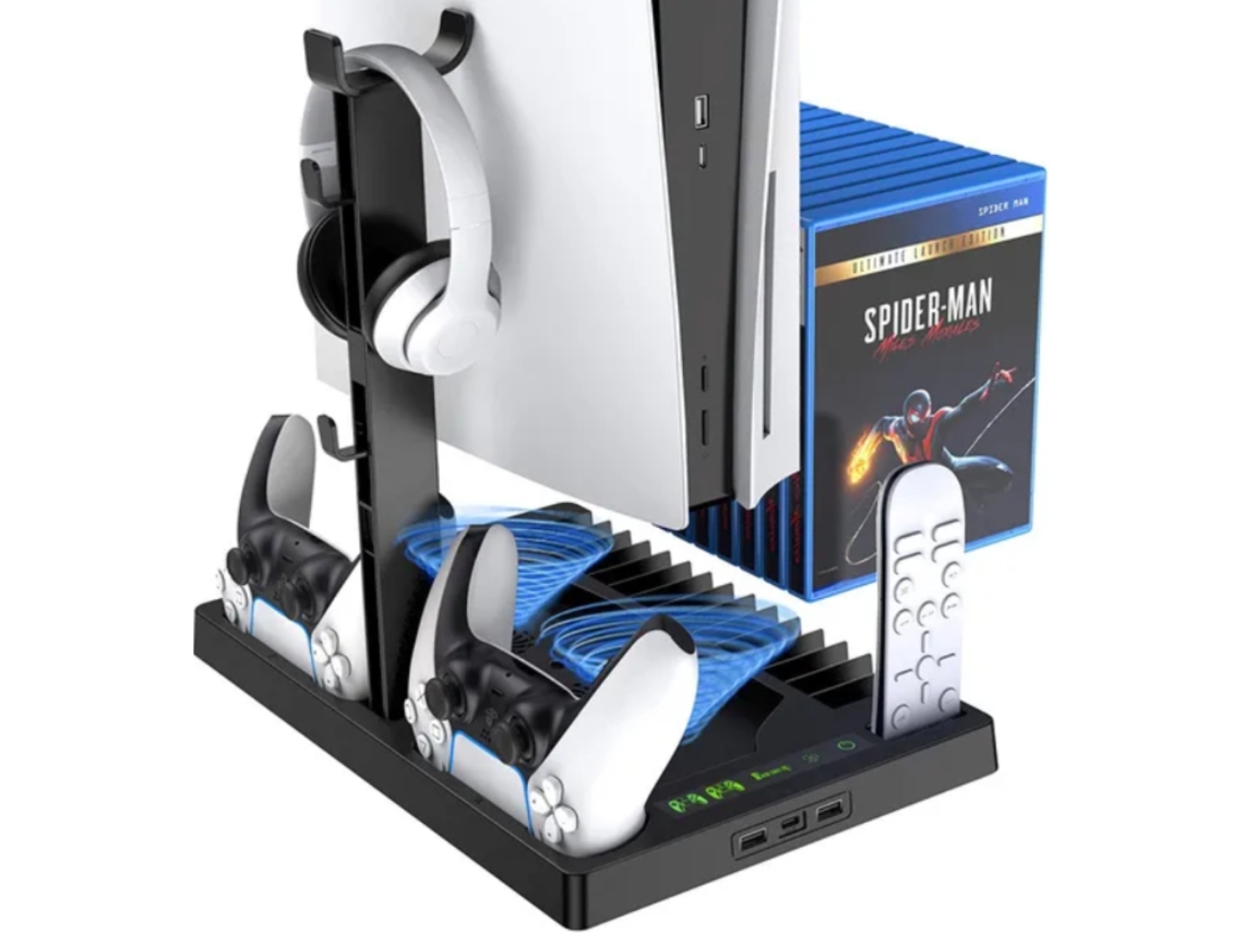 Base de refrigeración KLACK para PS5 con soporte para auriculares, cargador de controladores y organizador de juegos
