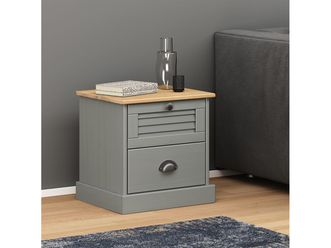 Mesita De Noche | Mesilla De Noche Vigo Madera Maciza De Pino Gris 42x35x42 Cm Wsd318427