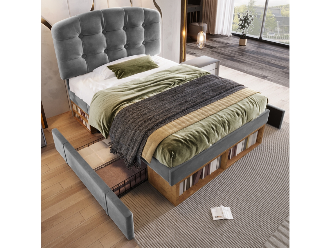 Cama Tapizada De 90x200 Cm, Terciopelo Gris, Somier De Láminas, Cabecero Curvo Regulable, Cajones De Almacenamiento, Colchón No Incluido.