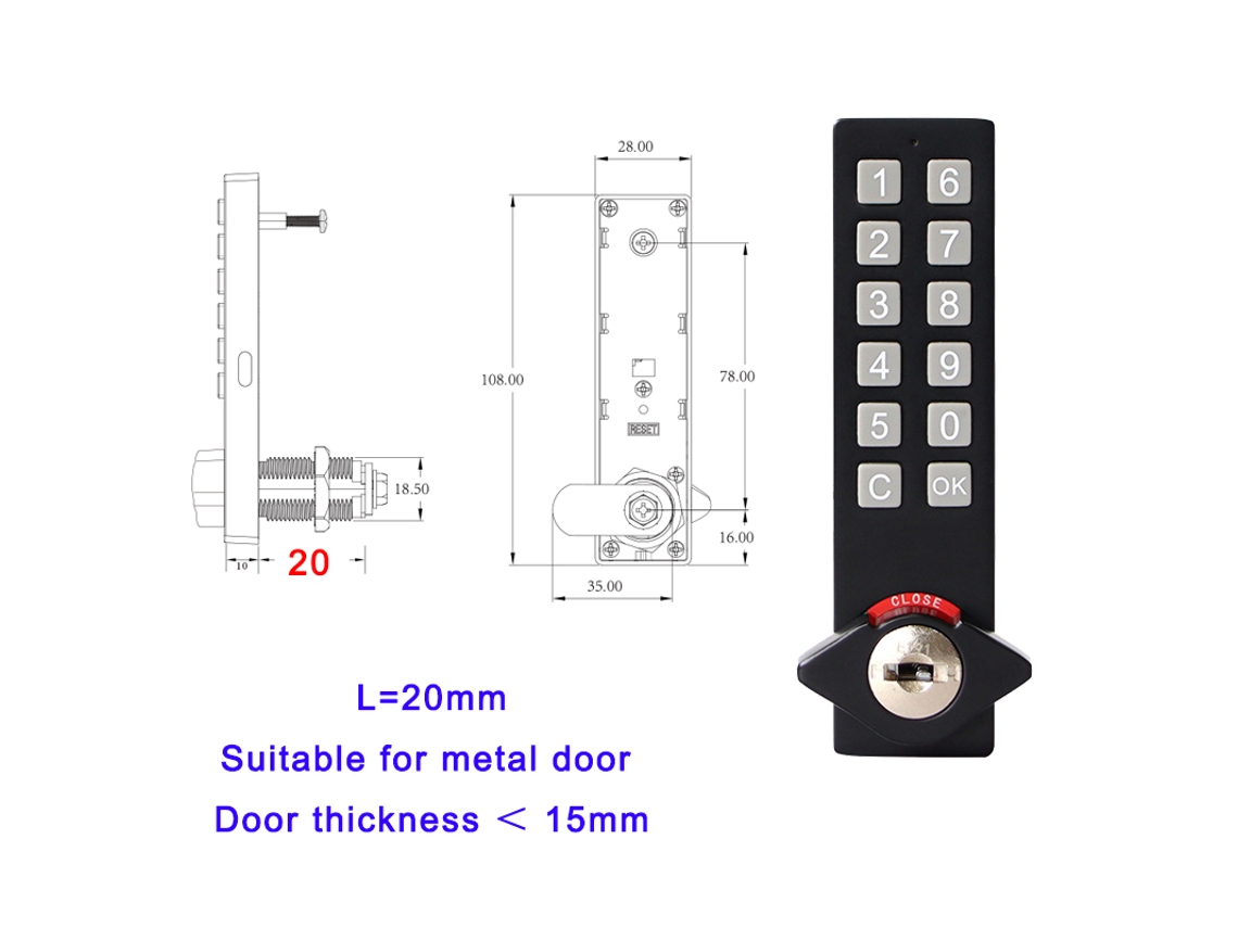 Cerradura de combinación eléctrica con pulsador para cajones, en aleación de zinc, con llave MDUG (negra L20mm)