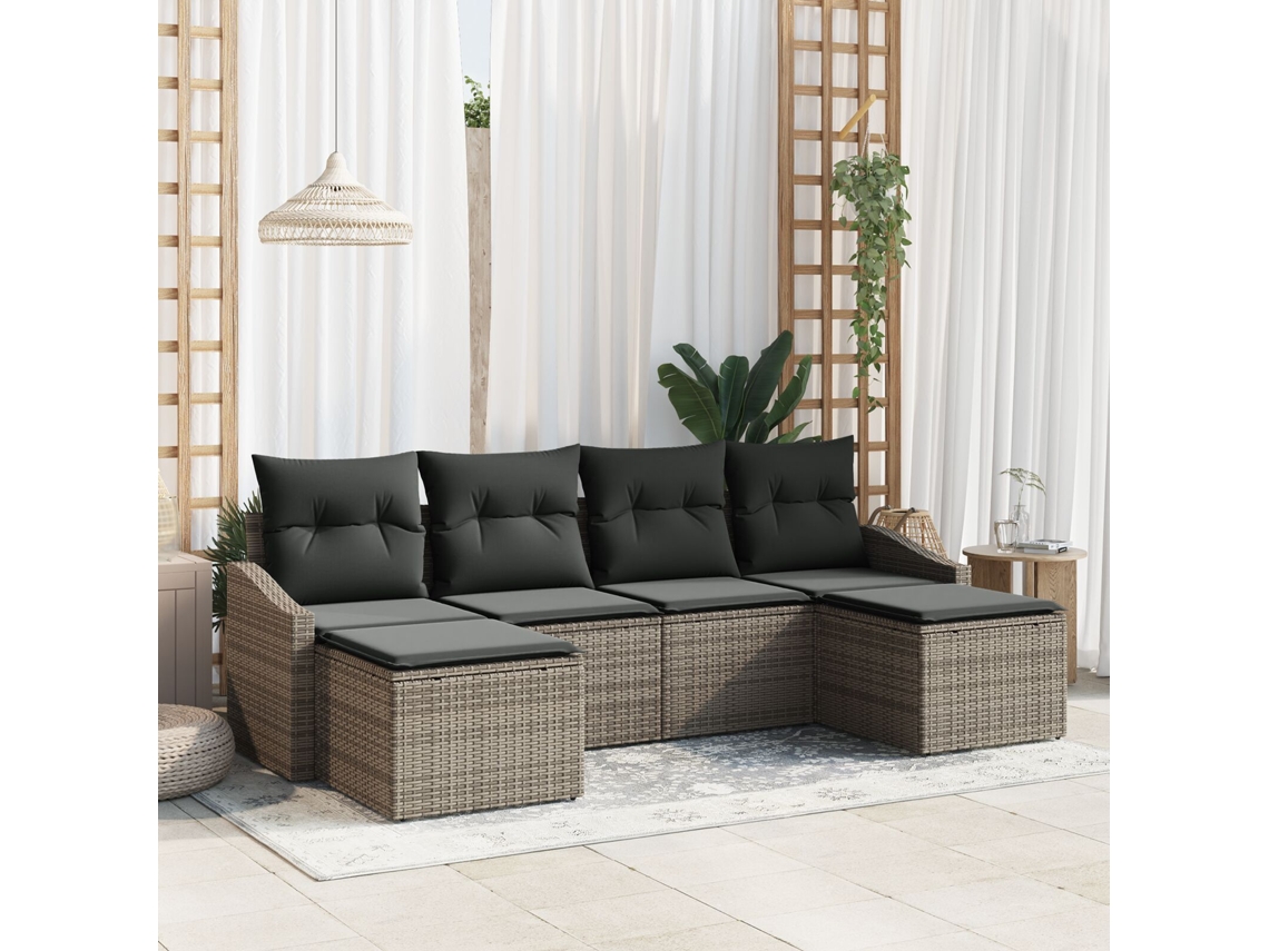 Conjunto de sofá de jardín de 6 piezas con cojines de polirratán gris Wsd123089 Lovely Home