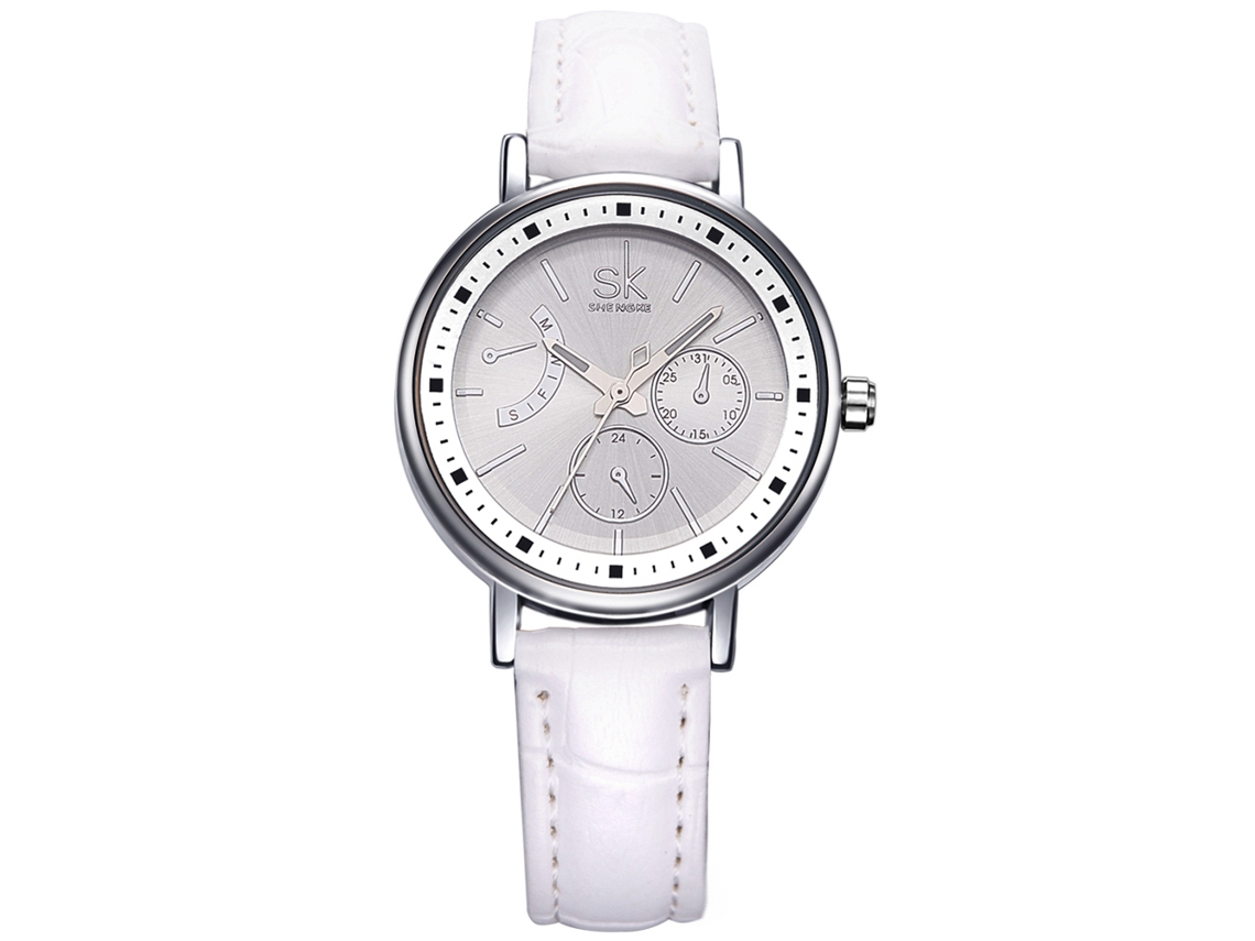 Reloj De Pulsera De Cuarzo Sencillo Sk Para Mujer Con Correa De Pu Y Esfera Analógica Redonda Blanca.
