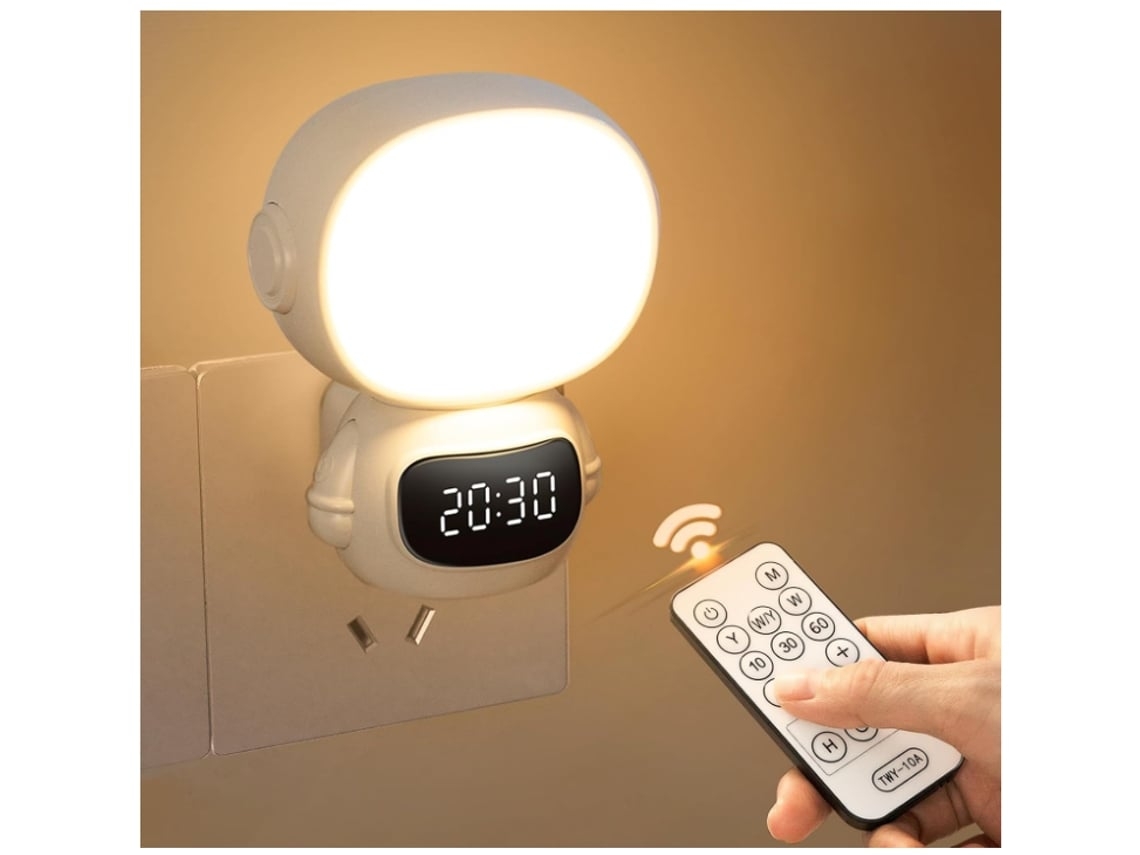 Luz nocturna LED con enchufe, reloj y control remoto, luz nocturna regulable con enchufe blanco, temporizador y 3 colores de luz, luz de batería Vledary