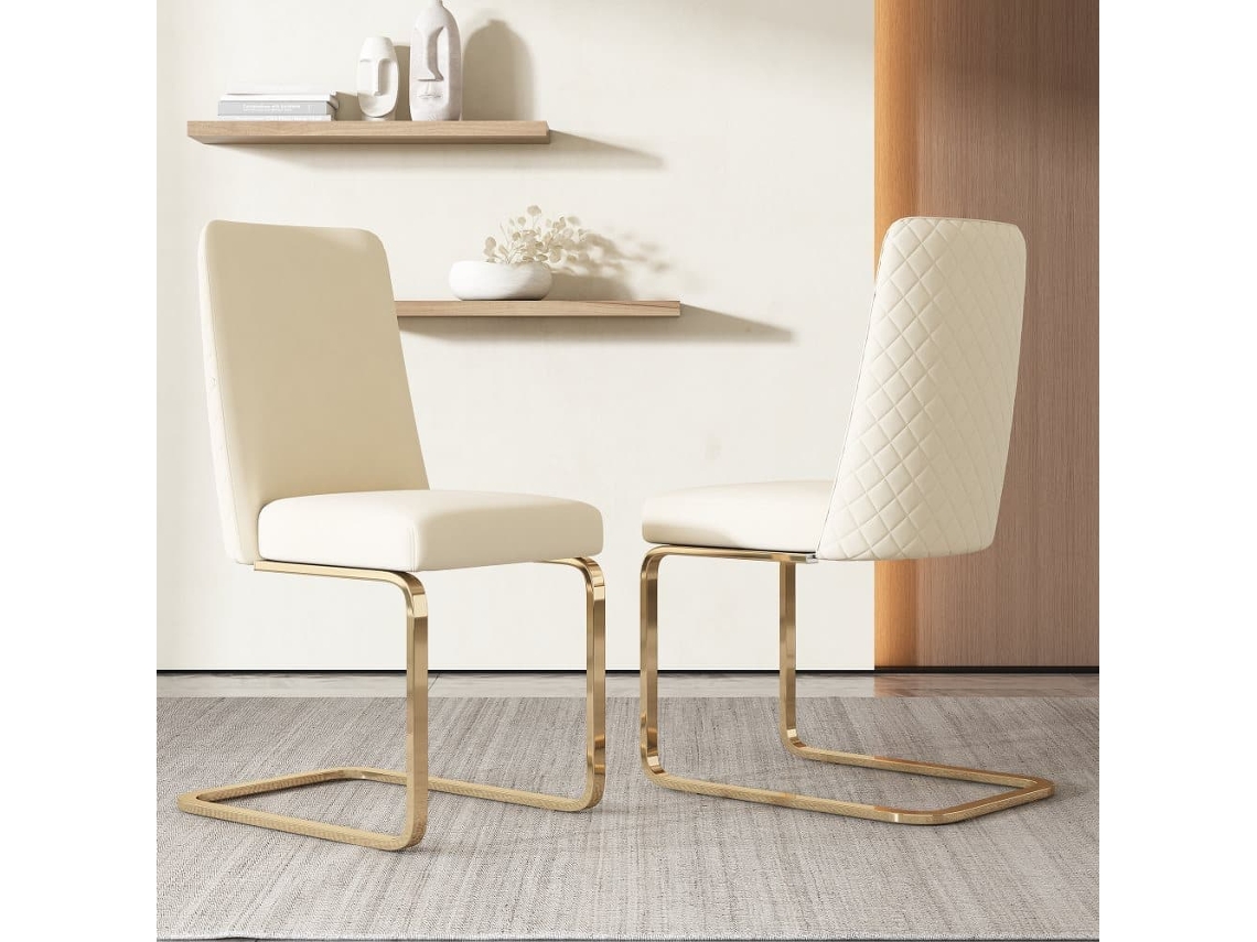 Silla Comedor Samt, 2 Unidades - Diseño Respaldo Diamante, Con Patas Metálicas Doradas - Beige