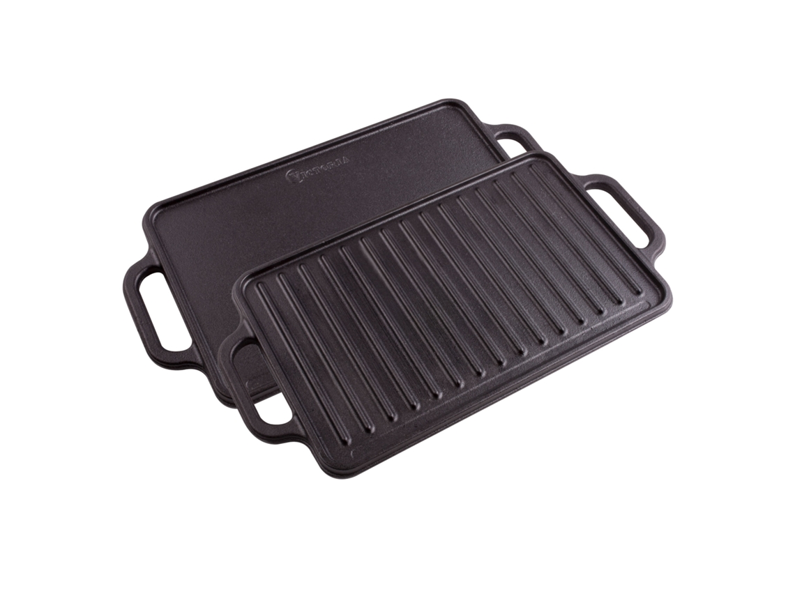 Plancha Cocina Hierro Fundido Esmaltado, Parrilla Reversible 33x21cm,  Sin Pfoa, Fuego Barbacoa Sin Ptfe Victoria 38793 Negro