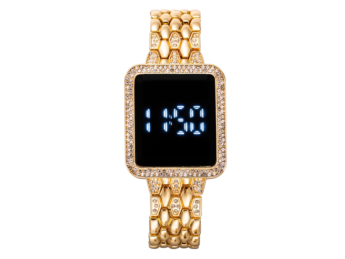 Reloj digital MDUG para mujer con pantalla táctil incrustada de diamantes y brazalete de acero inoxidable.