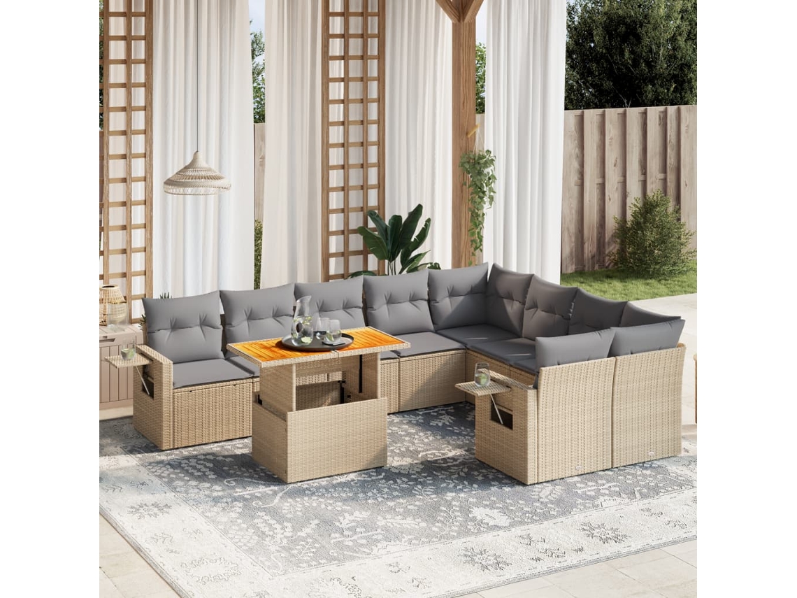Conjunto de sofá de jardín de 10 piezas con cojines, mimbre sintético beige, Dkd Home Decor