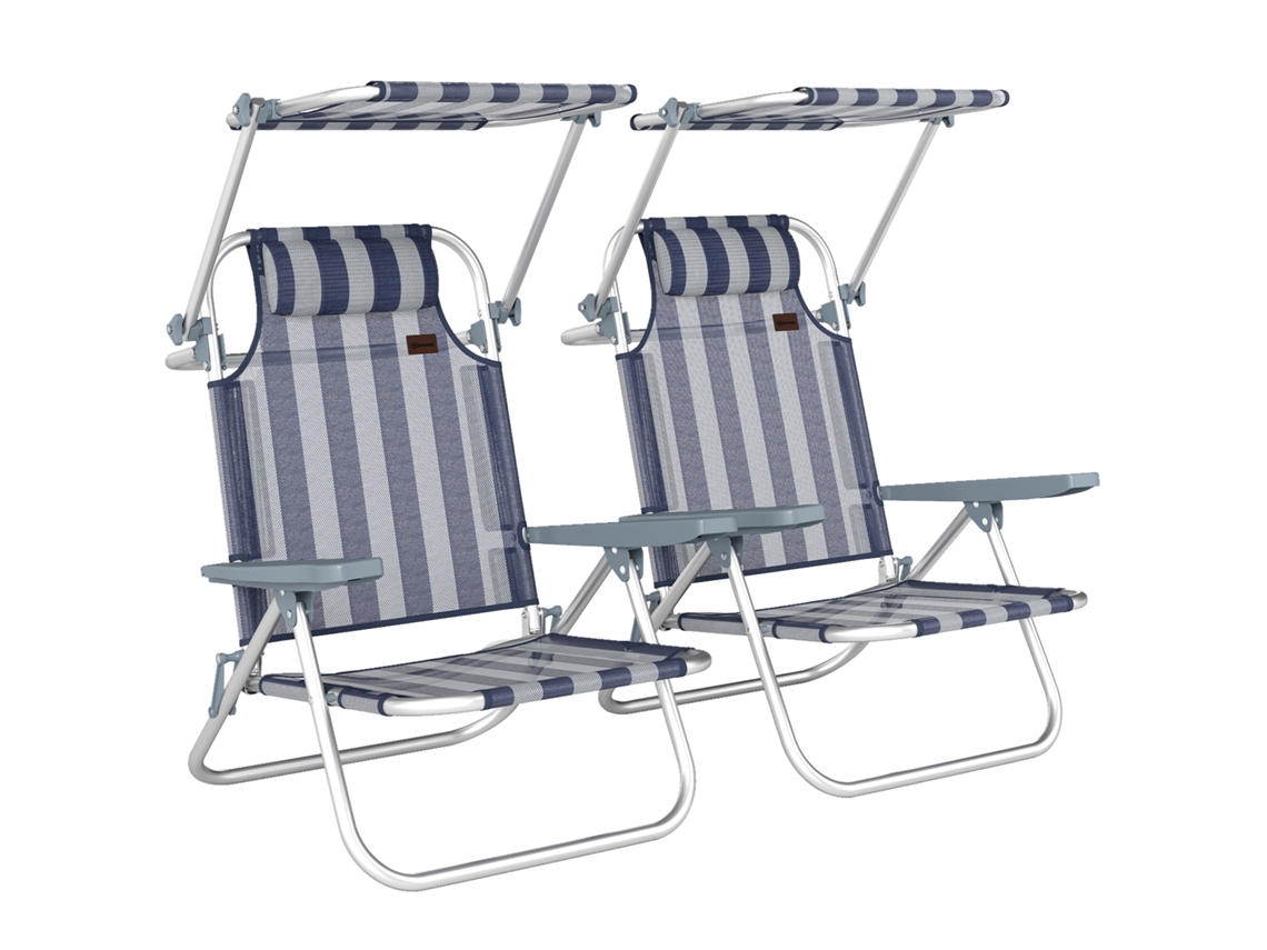 Juego De 2 Sillas De Playa Plegables Con Toldo Y Reposacabezas Ajustables En 6 Posiciones, Color Azul Y Blanco.