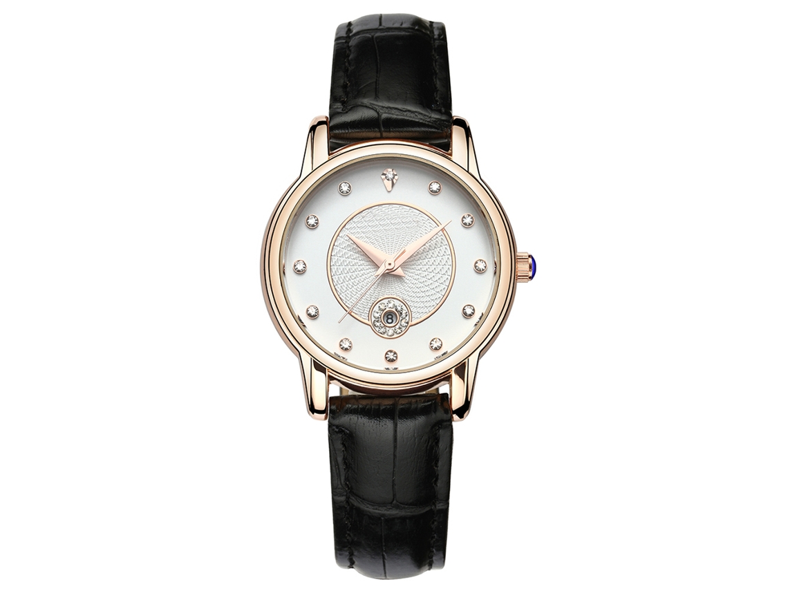 Reloj De Cuarzo Para Mujer Con Pedrería Y Correa De Cuero - Negro