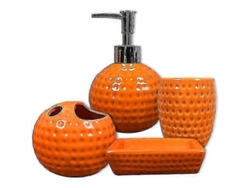Juego De Accesorios De Baño De Cerámica Naranja De 4 Piezas: Dispensador, Portacepillos De Dientes, Vaso Y Jabonera.