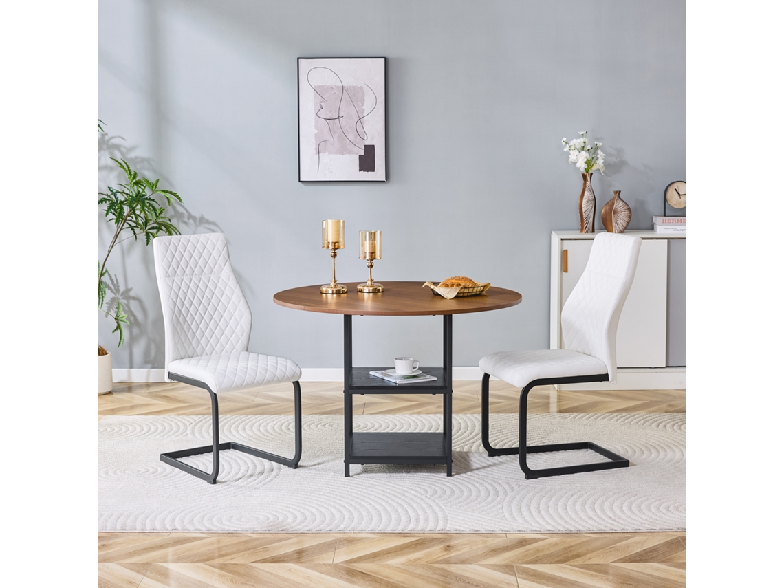 Juego De Mesa Redonda (107 Cm), 2 Niveles, 2 Sillas Blancas Con Forma De Diamante, Mdf, Metal.