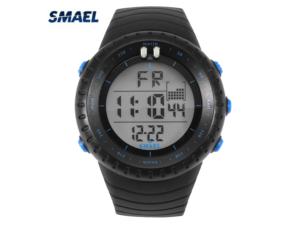 Reloj deportivo digital Smael con luz LED y fondo redondo iluminado azul.