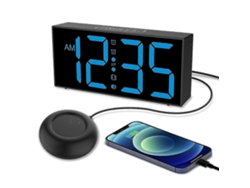 Despertador vibratorio para personas con sueño profundo, alarma potente con vibrador para la cama, números grandes, 5 niveles de brillo (negro y azul) Nuevo