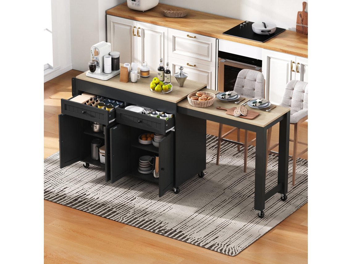 Isla De Cocina Móvil 112-180.5×45×92.2 Cm - Con Superficie De Trabajo Y Cajones - Negro + Natural